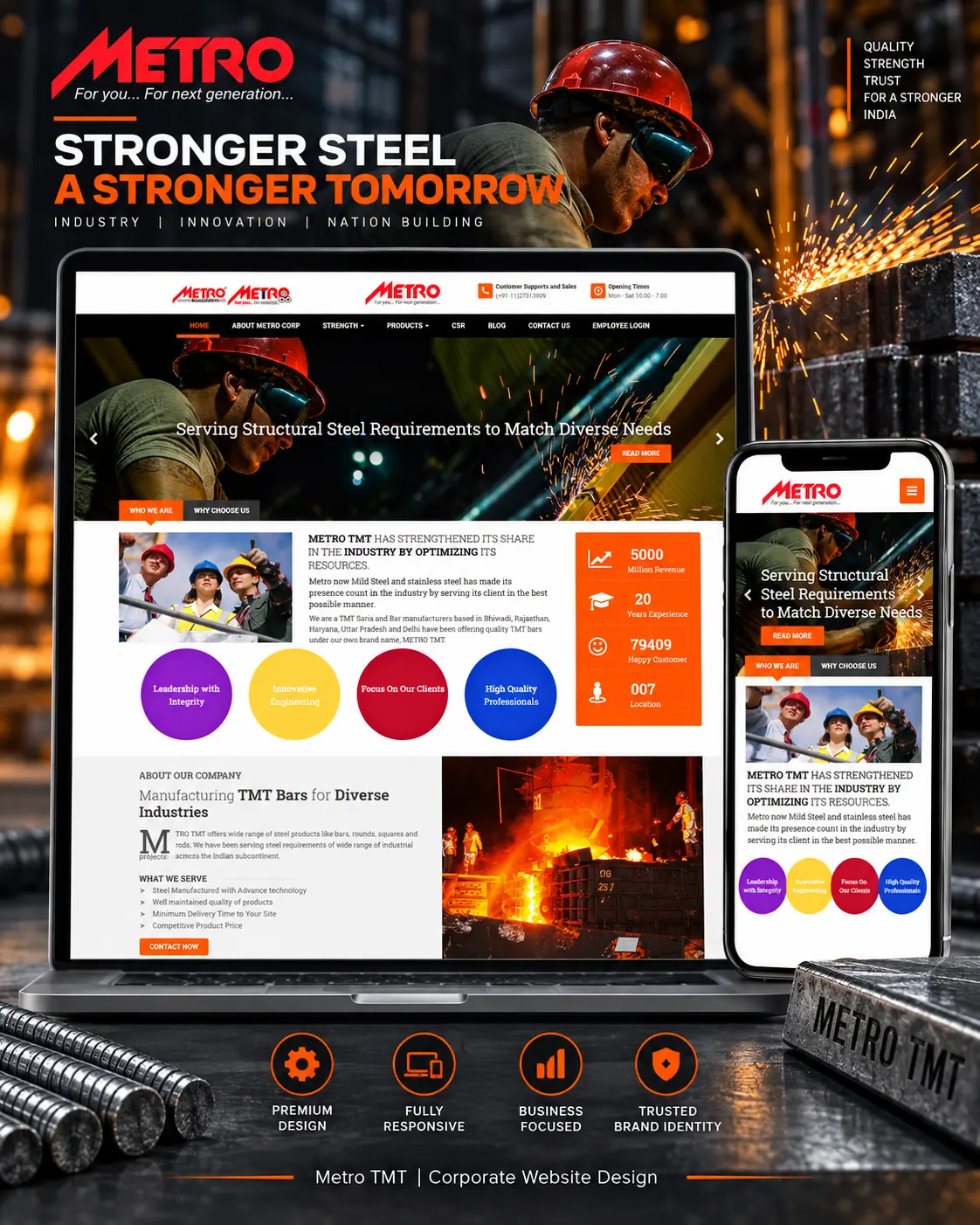Metro TMT responsive corporate steel website with product and manufacturing information