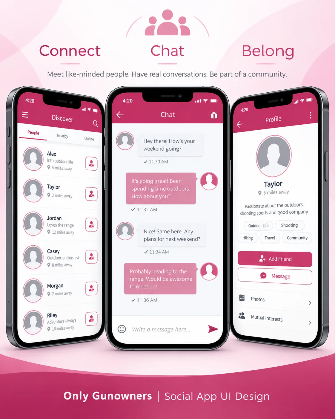 Only Gunowners mobile community interface with discovery chat and profile screens