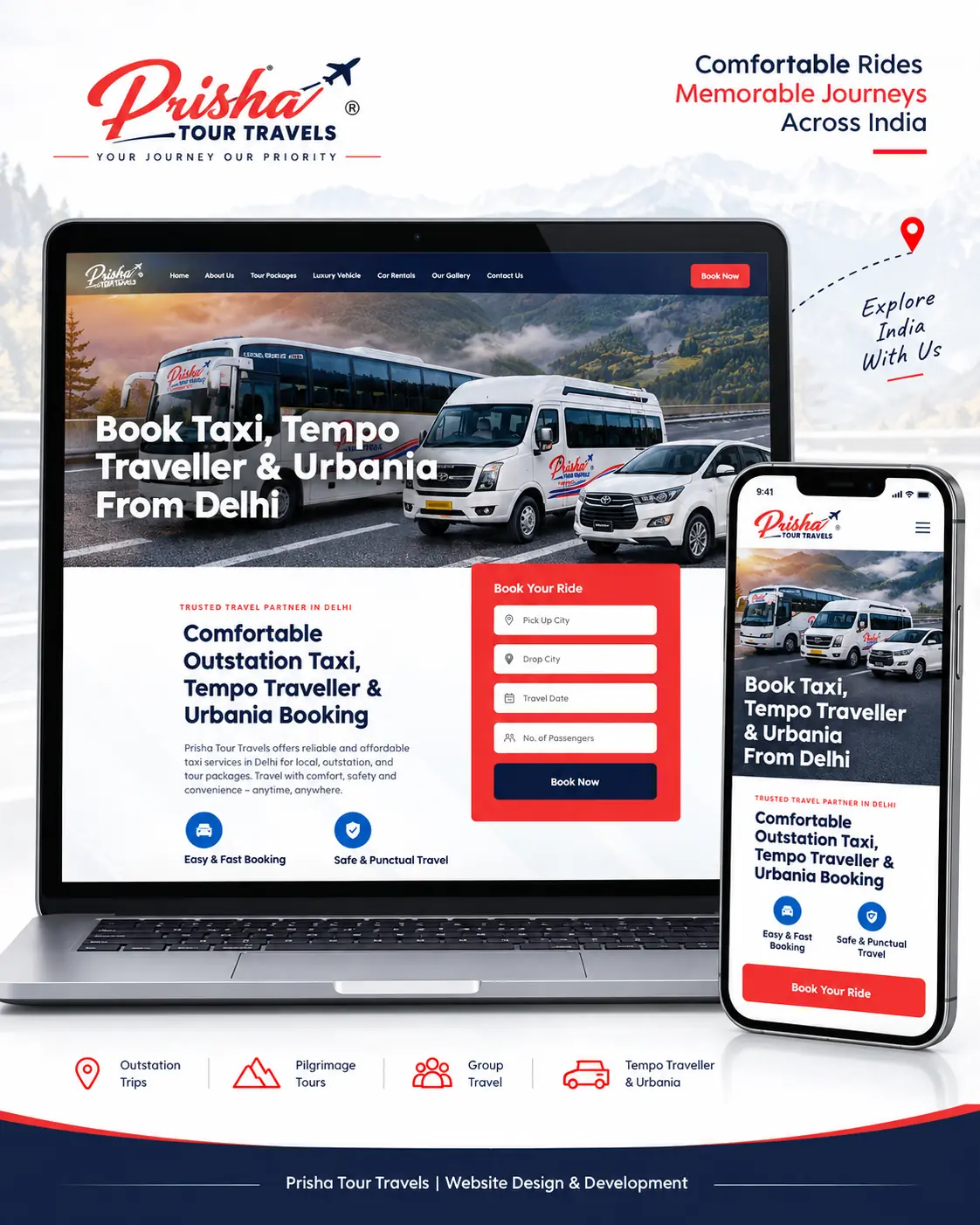 Prisha Tour Travels responsive booking website and enquiry workflow on desktop and mobile