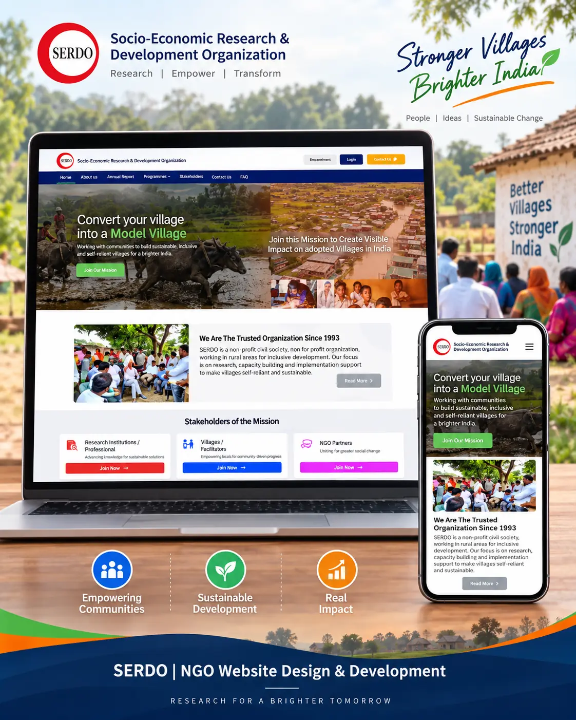 SERDO organisation website with mission programmes stakeholder cards and responsive mobile layout