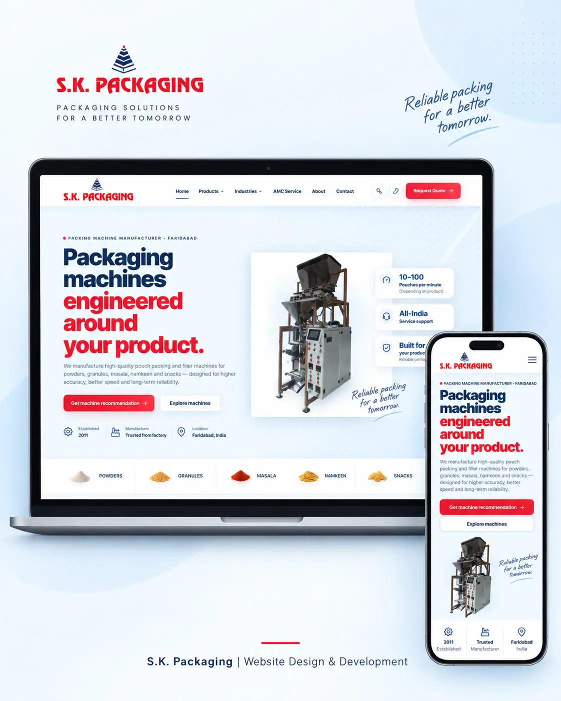 S.K. Packaging responsive packing-machine website with technical product messaging on desktop and mobile